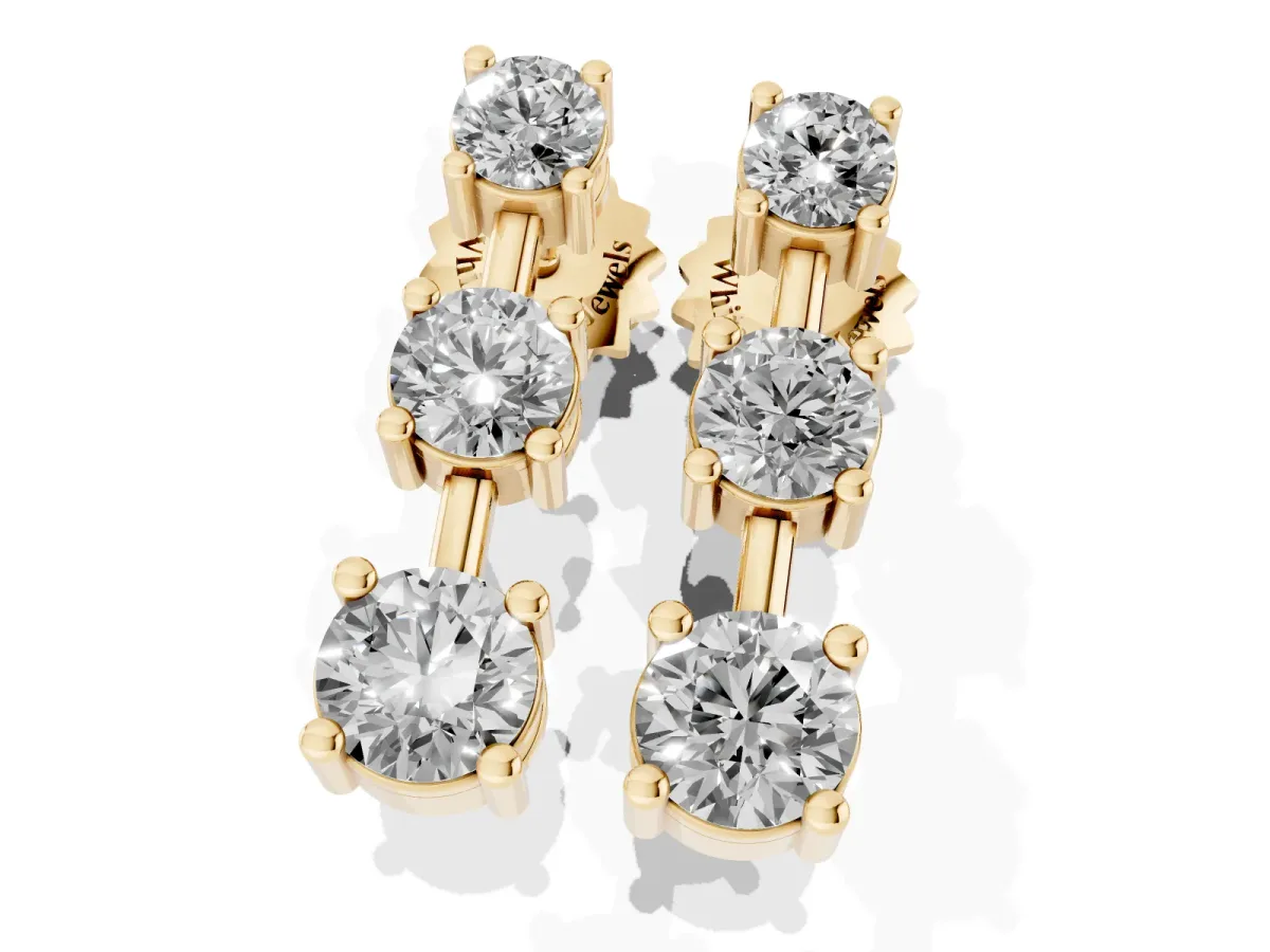Three-Stone Round Cut Drop Earrings with Prong Setting Yellow gold