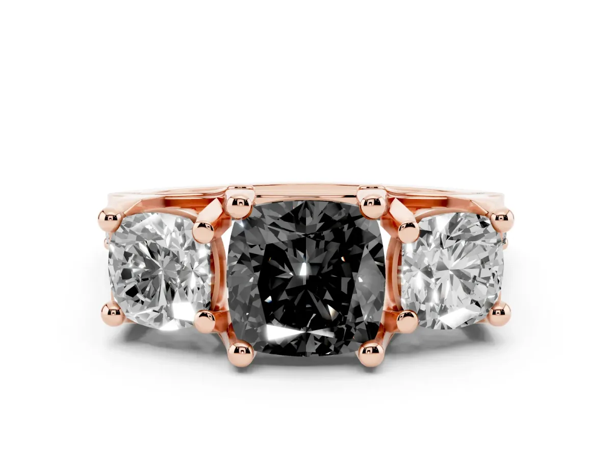 Fancy Black Cushion Cut Diamond Three-Stone Ring with Channel Set Band and Four-Prong Setting Rose gold