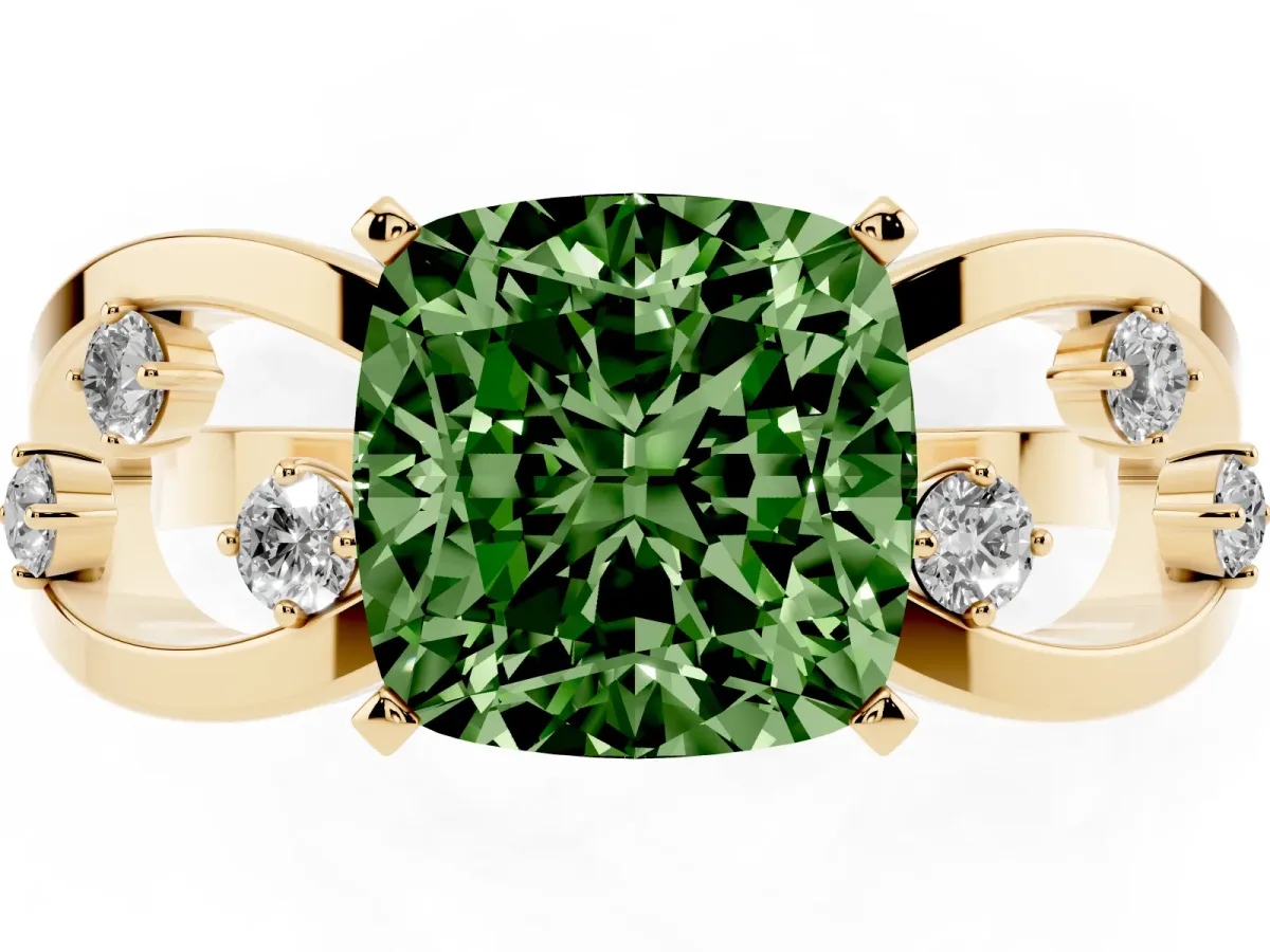 Fancy Green Cushion Cut Cut Solitaire Diamond with Side Stones on Criss-Cross Band and Four-Prong Setting Yellow gold