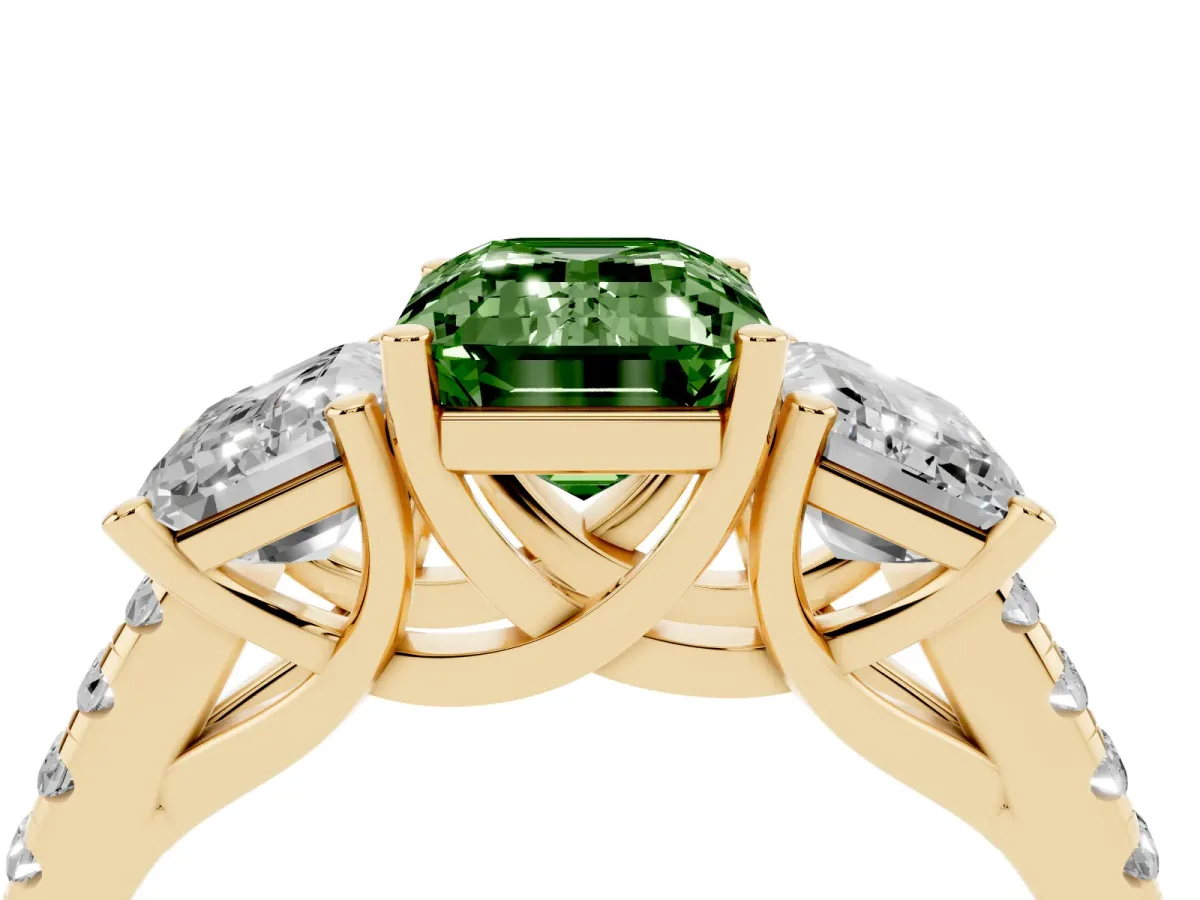 Fancy Green Three-Stone Emerald Cut Diamond Ring with Round Pavé Band and Prong Setting Yellow gold