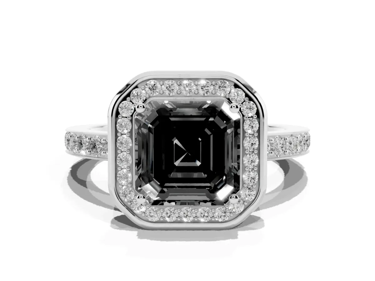 Fancy Black Asscher Cut Diamond Halo Ring with Bezel Frame and Pavé Band Silver