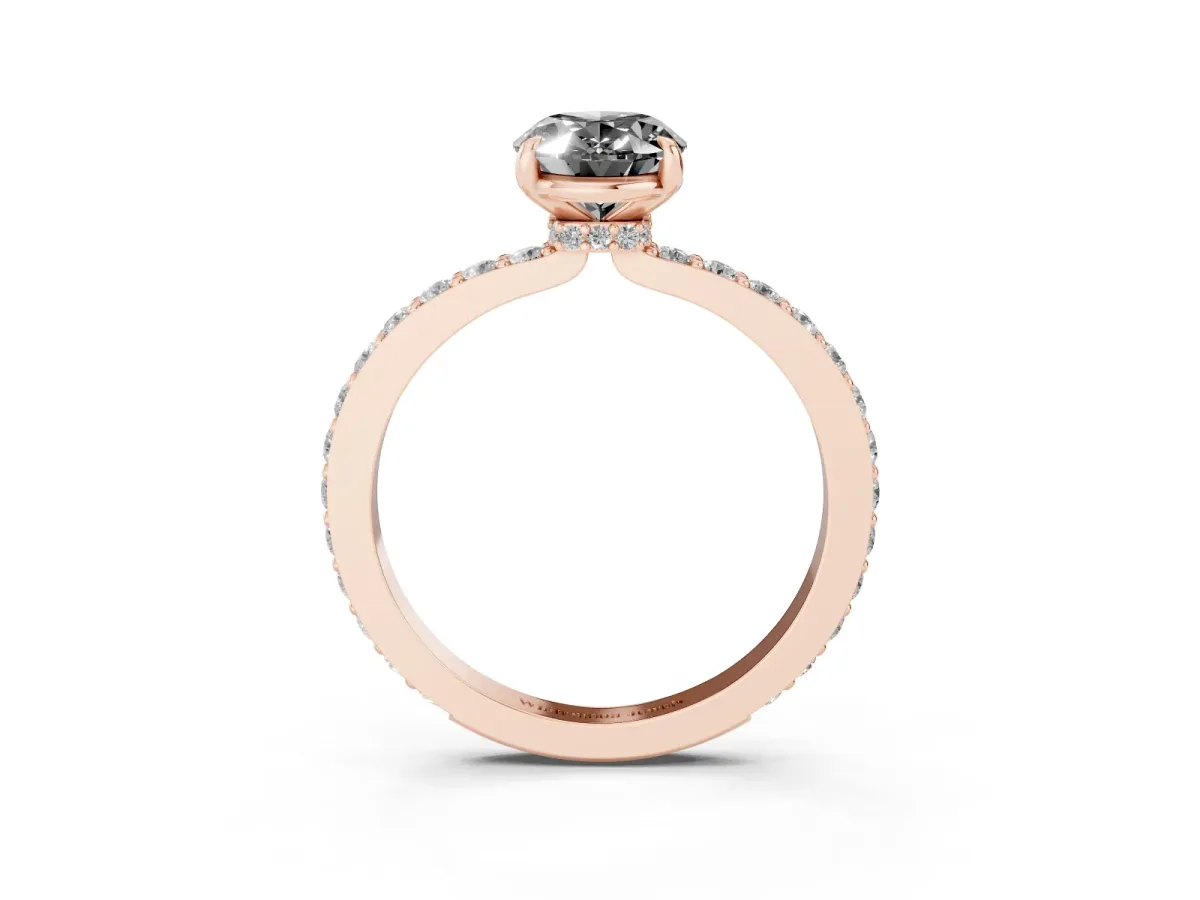 Fancy Black Oval Cut Diamond Pavé Engagement Ring with Round Accents and Prong Setting Rose gold