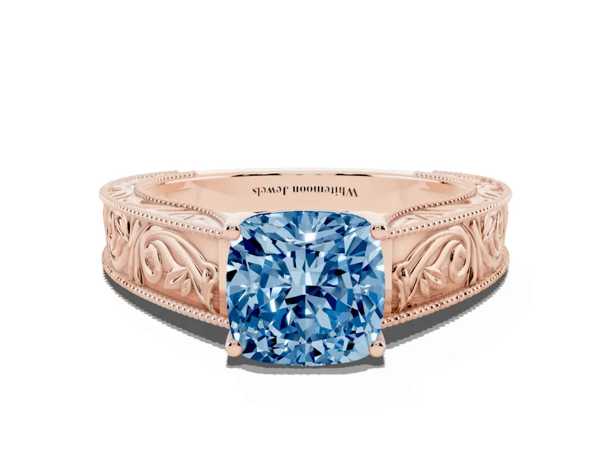 Fancy Blue Cushion Cut Diamond Solitaire Ring with Engraved Band and Four-Prong Setting Rose gold