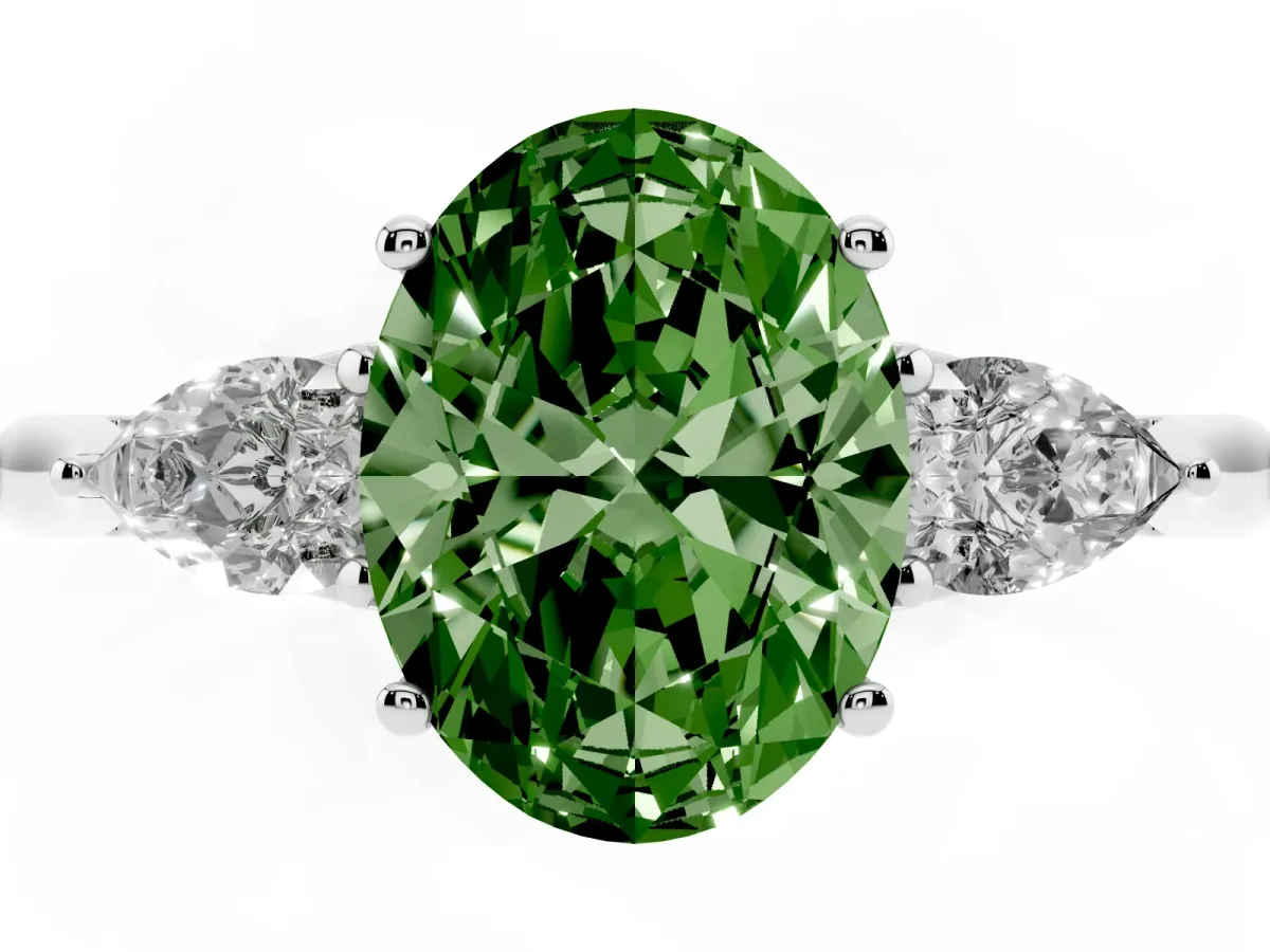 Fancy Green Three-Stone Oval Cut Brilliant Diamond Solitaire Ring with Tapered Band and Four-Prong Setting White gold