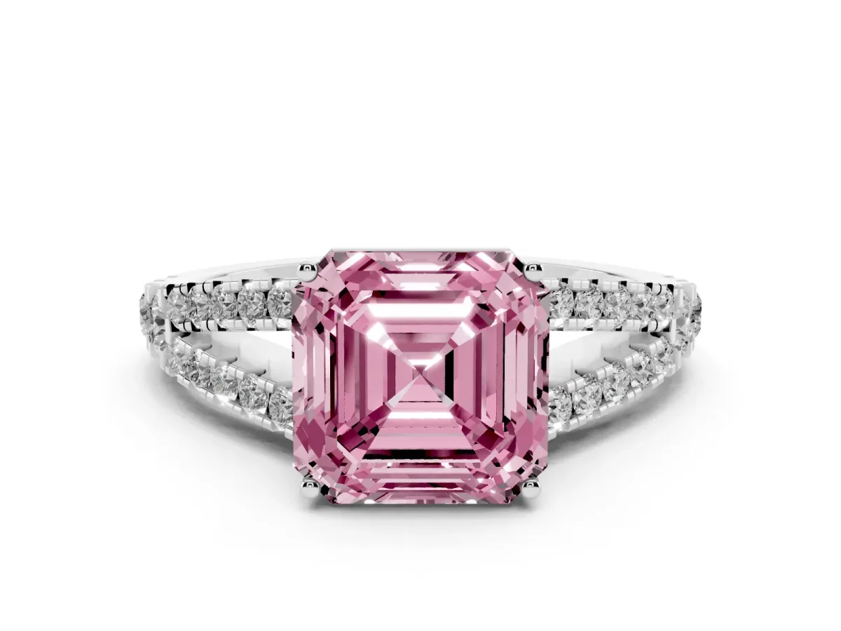 Fancy Pink Asscher Cut Diamond Split Shank Engagement Ring with Round Pavé and Prong Setting Silver
