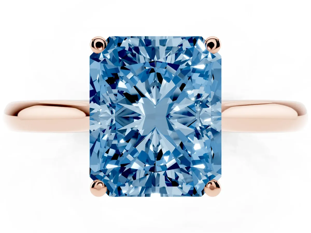 Fancy Blue Radiant Cut Cut Solitaire Ring with Cathedral Band and Four-Prong Setting Rose gold