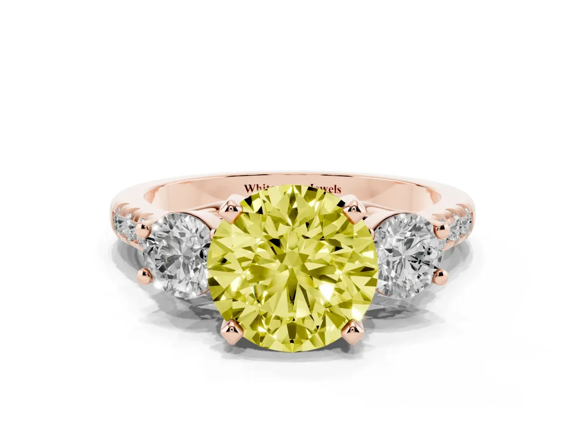 Fancy Yellow Three-Stone Round Cut Diamond Pavé Band with Four-Prong Setting Rose gold