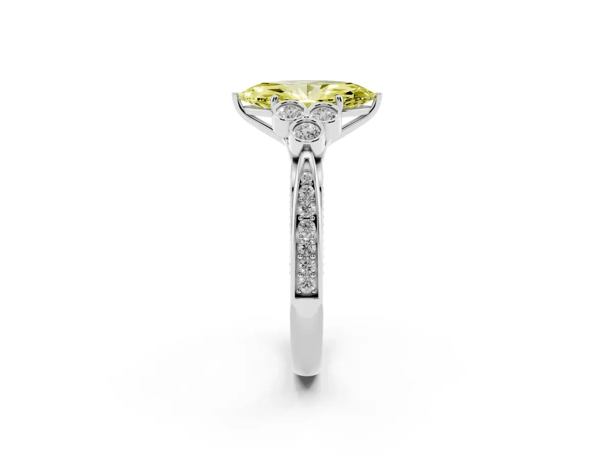 Fancy Yellow Marquise Cut Cut Diamond Engagement Ring with Bezel Set Round Side Stones and Prong Setting Silver