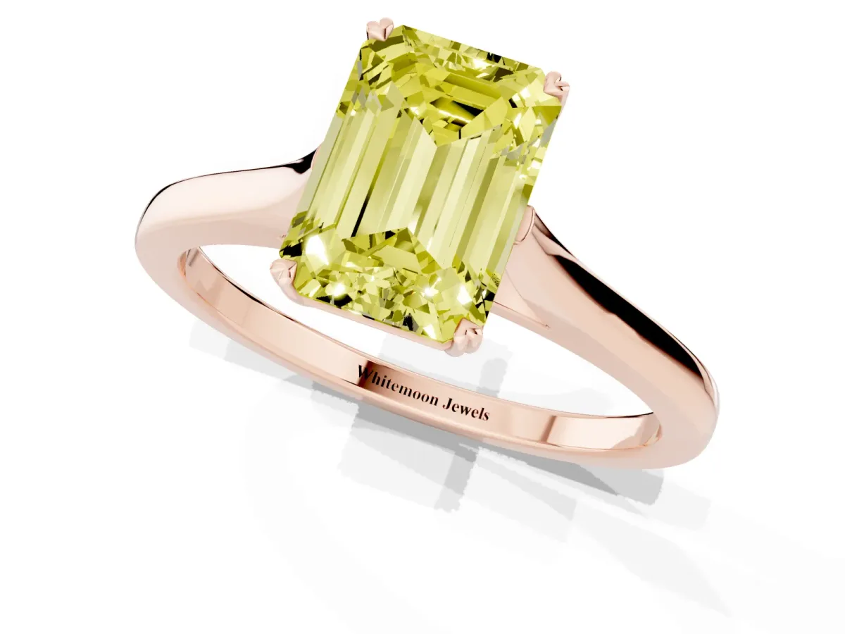 Fancy Yellow Emerald Cut Solitaire Heart Prong Engagement Ring with Tapered Band Rose gold