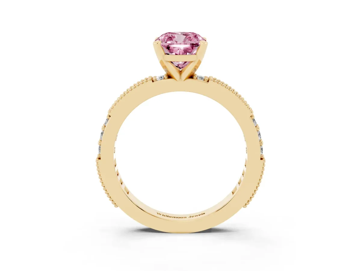 Fancy Pink Cushion Cut Solitaire with Pavé Band and Four-Prong Setting Yellow gold