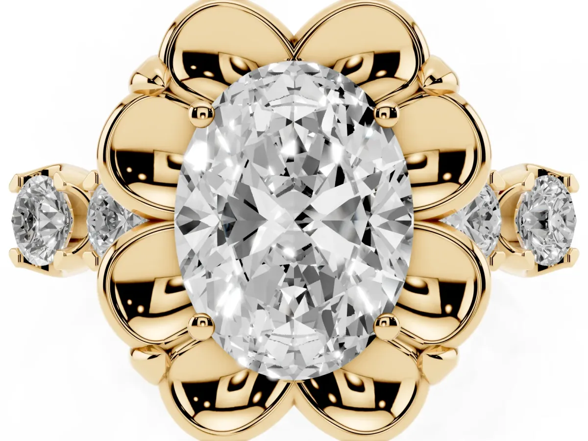 Oval Cut Cut Diamond Floral Halo Engagement Ring with Shared Prong Setting Yellow gold