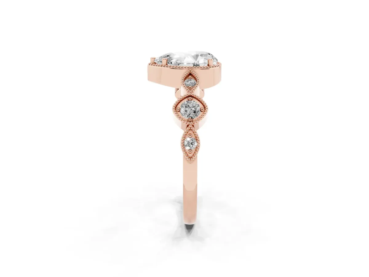 Pear Cut Diamond Vintage Milgrain Ring with Round Stations Rose gold