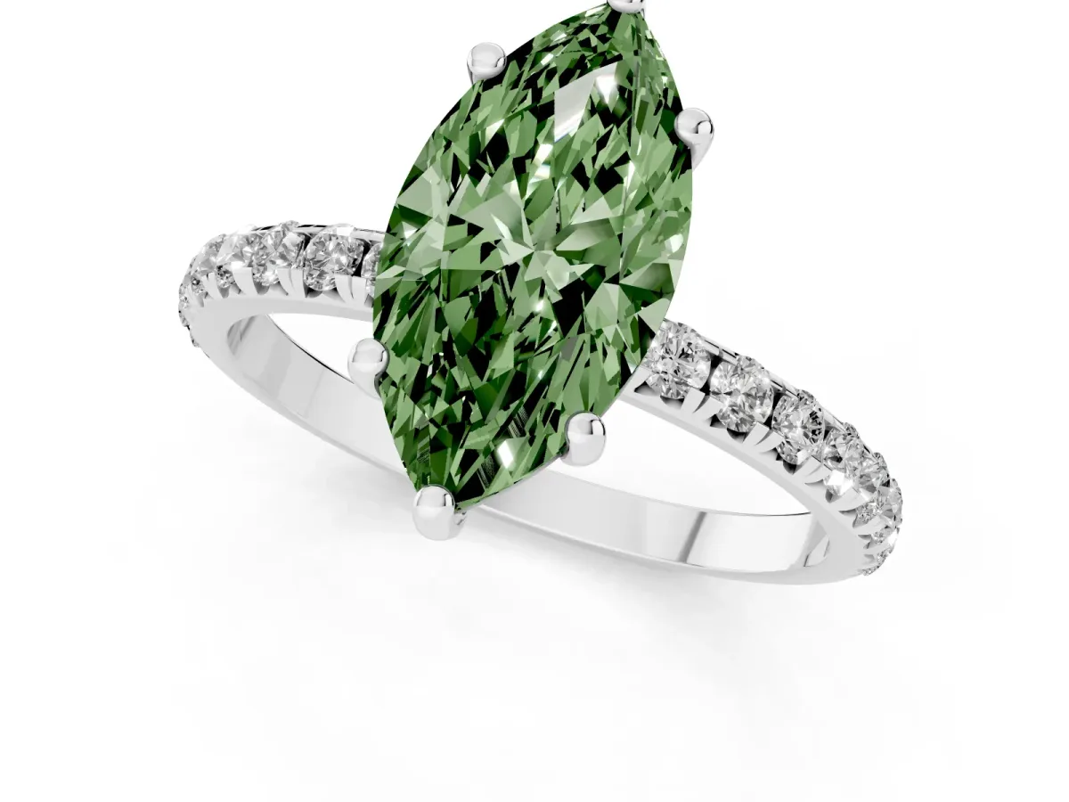 Fancy Green Marquise Cut Cut Diamond Solitaire Ring with Micro Pave Band and Four Prong Setting Silver