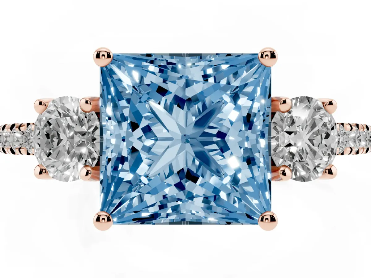 Fancy Blue Three-Stone Princess Cut Cut Diamond Pavé Band with Prong Setting Rose gold