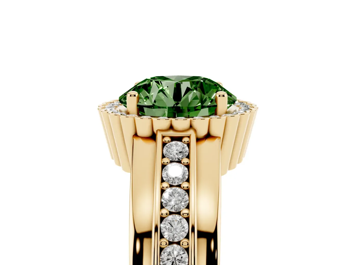 Fancy Green Round Cut Cut Halo Pave Band Four-Prong Ring Yellow gold