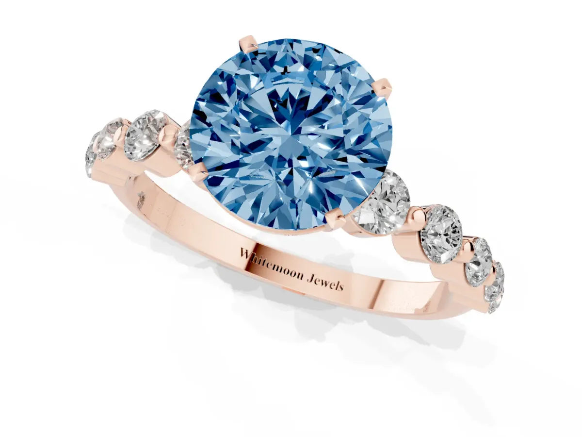 Fancy Blue Round Cut Solitaire Diamond Ring with Pave Band and Four-Prong Setting Rose gold