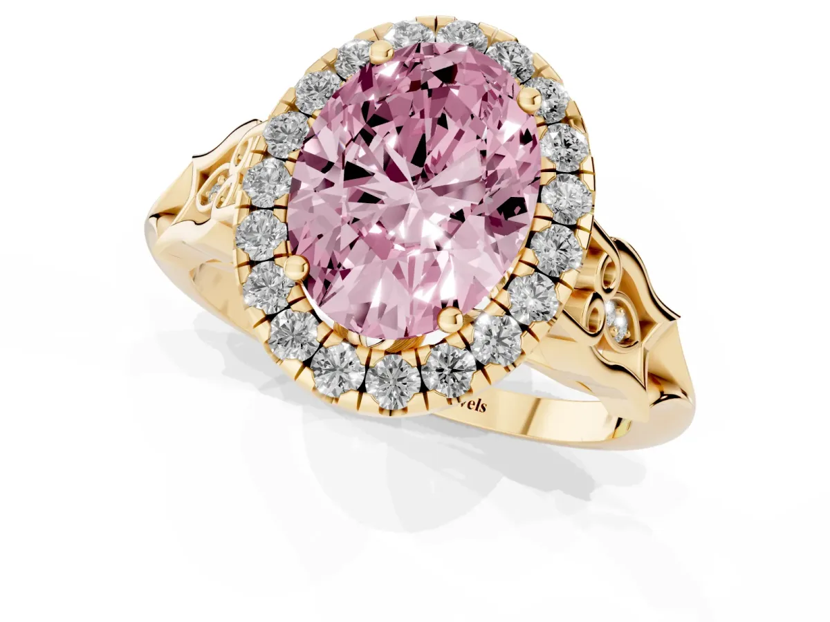 Fancy Pink Oval Cut Halo Diamond Engagement Ring with Filigree Band and Four-Prong Setting Yellow gold