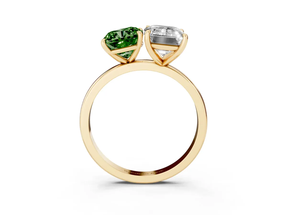 Fancy Green Cushion Cut and Emerald Cut Toi Moi Ring with Prong Setting Yellow gold