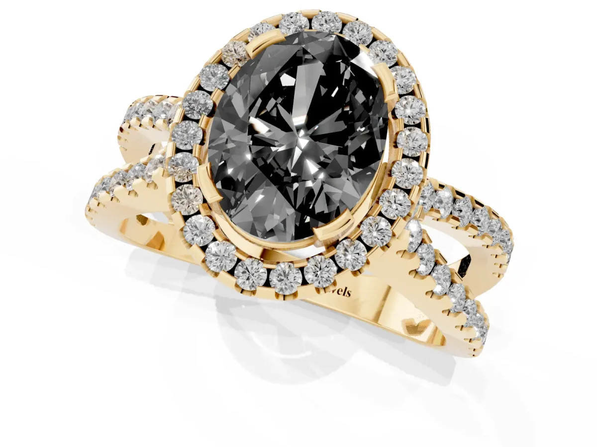 Fancy Black Oval Cut Diamond Halo Ring with Split Shank Pavé Band and Prong Setting Yellow gold