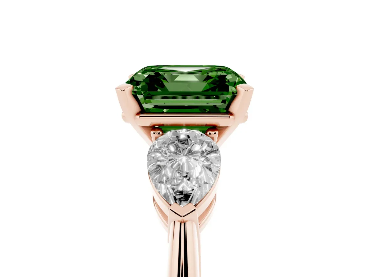 Fancy Green Three-Stone Asscher Cut Diamond Ring with Pear Side Stones and Four-Prong Setting Rose gold
