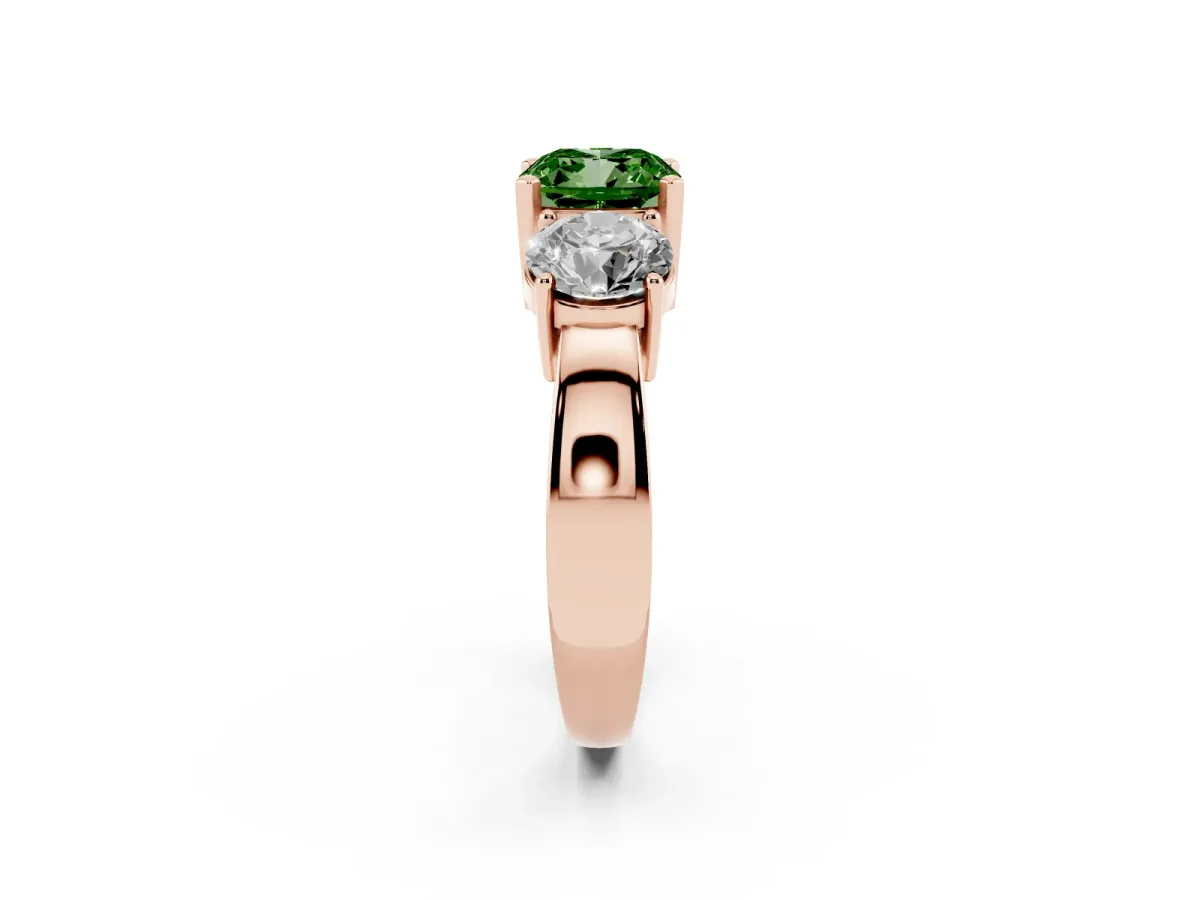 Fancy Green Three-Stone Cushion Cut Diamond Ring with Round Side Stones, Classic Band, and Four-Prong Setting Rose gold