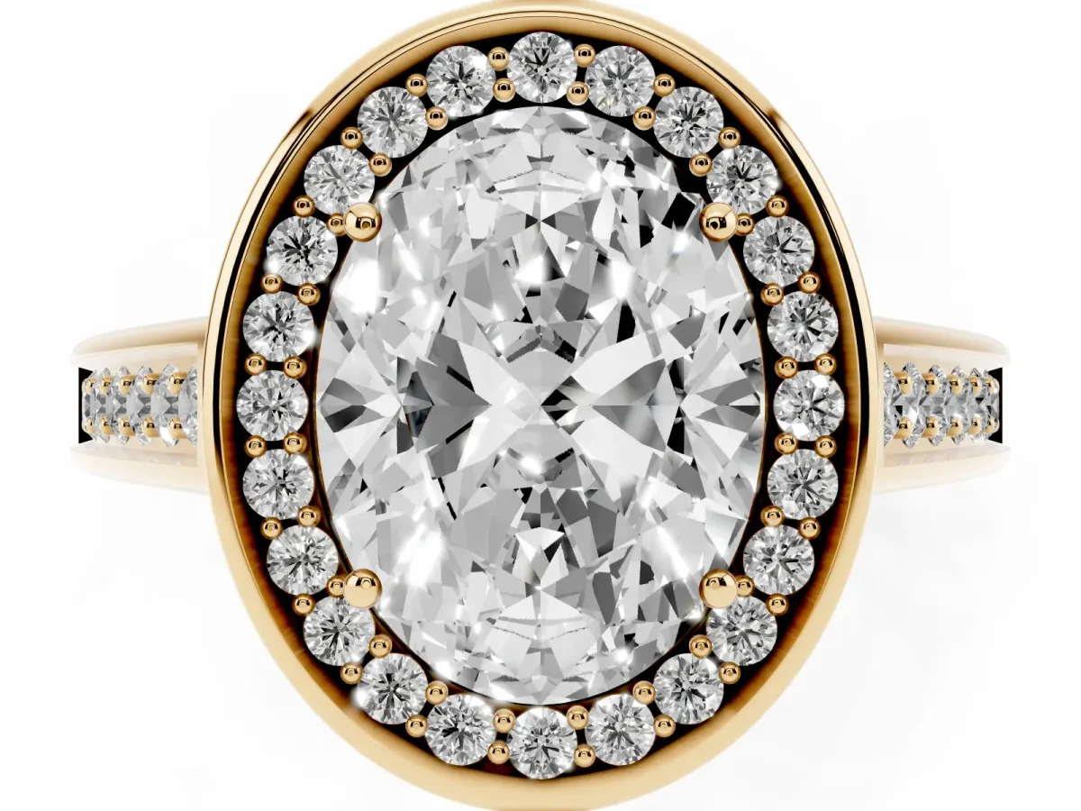 Oval Cut Halo Solitaire Diamond Ring with Pave Band and Bezel Setting Yellow gold