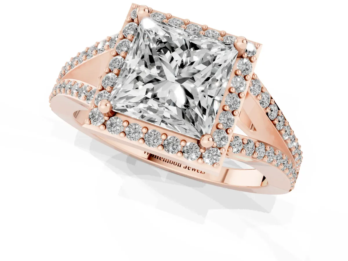 Princess Cut Halo Split Shank Pave Diamond Ring with Four-Prong Setting Rose gold