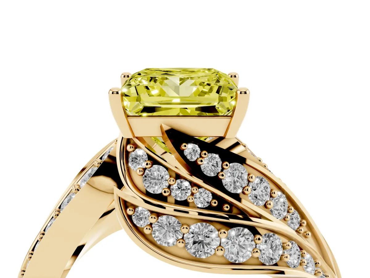 Fancy Yellow Princess Cut Diamond Solitaire Ring with Prong Setting and Twisted Pavé Band Yellow gold