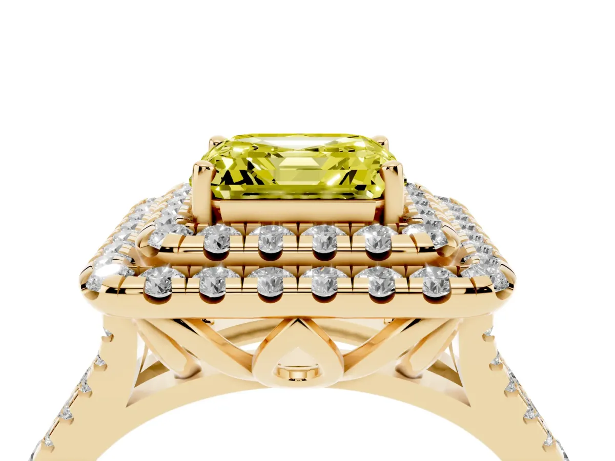 Fancy Yellow Double Halo Asscher Cut Diamond Pavé Split Shank Ring with Prong Setting Yellow gold