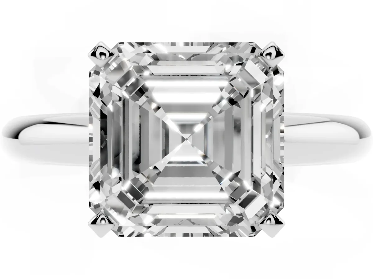 Asscher Cut Diamond Solitaire Engagement Ring with Round Band and Four-Prong Setting Silver