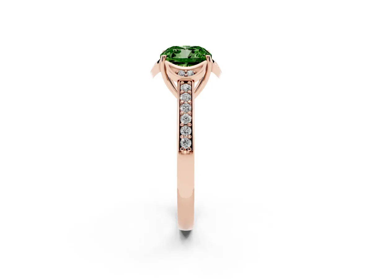 Fancy Green Cushion Cut Cut Halo Diamond Ring with Channel Set Band and Four-Prong Setting Rose gold