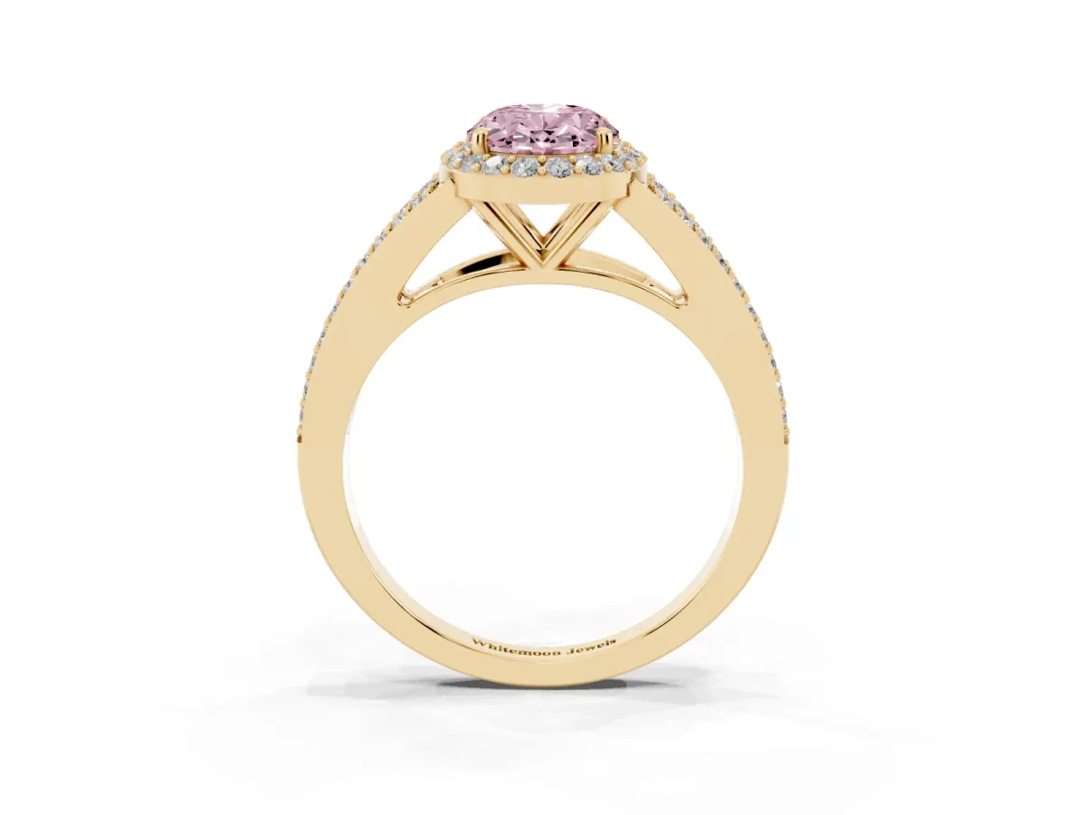 Fancy Pink Oval Cut Halo Split Shank Diamond Ring with Prong Setting Yellow gold