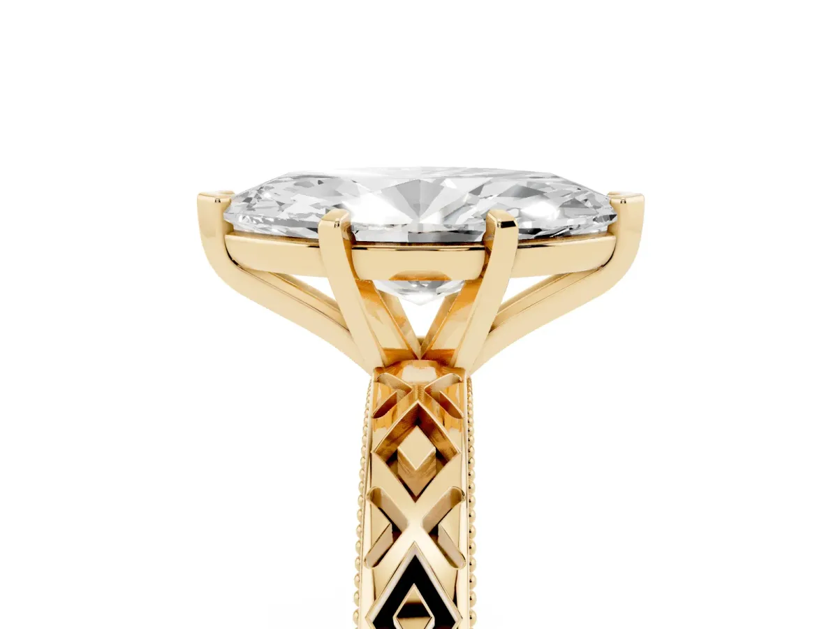 Marquise Cut Solitaire Diamond Ring with Milgrain and Black Enamel X Pattern Band Yellow gold