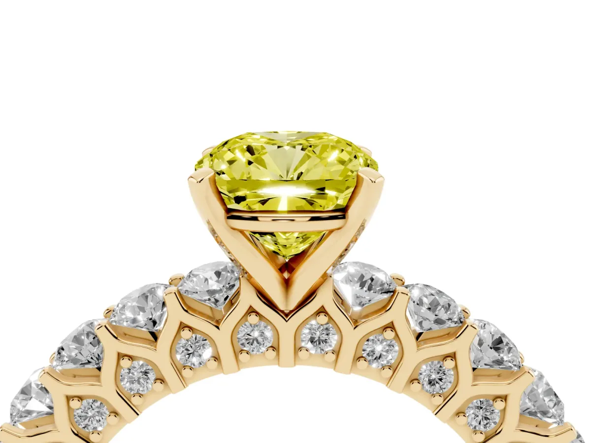 Fancy Yellow Cushion Cut Diamond Solitaire Ring with Shared Prong Pavé Band and Four-Prong Setting Yellow gold