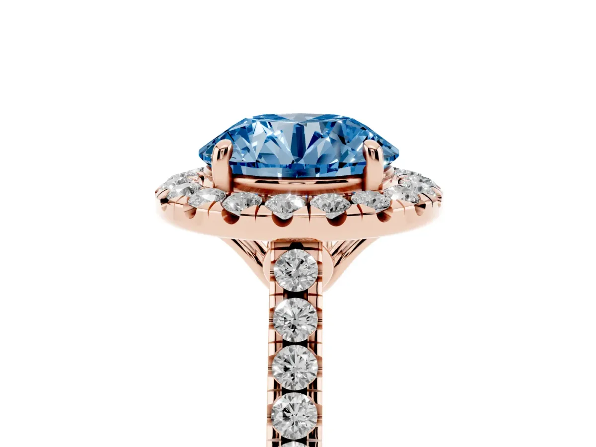 Fancy Blue Round Cut Halo Pavé Diamond Engagement Ring with Four-Prong Setting Rose gold