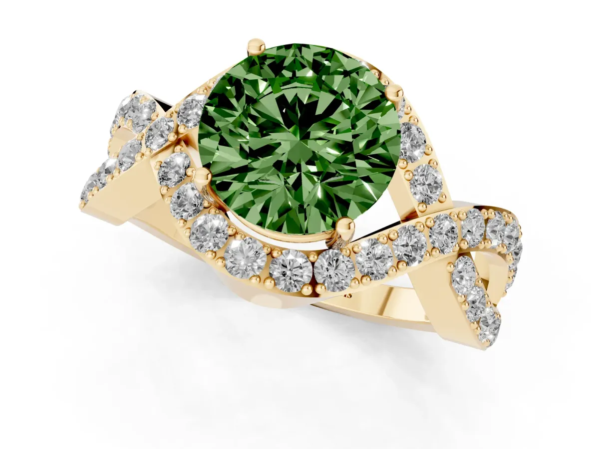 Fancy Green Round Cut Solitaire Twist Band Pavé Diamond Engagement Ring Yellow gold