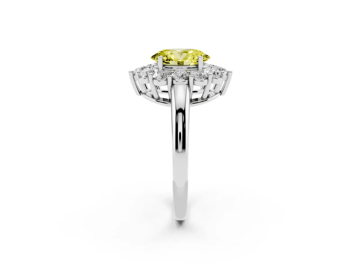 Fancy Yellow Oval Cut Halo Cluster Diamond Engagement Ring with Prong Setting and Polished Band Platinum