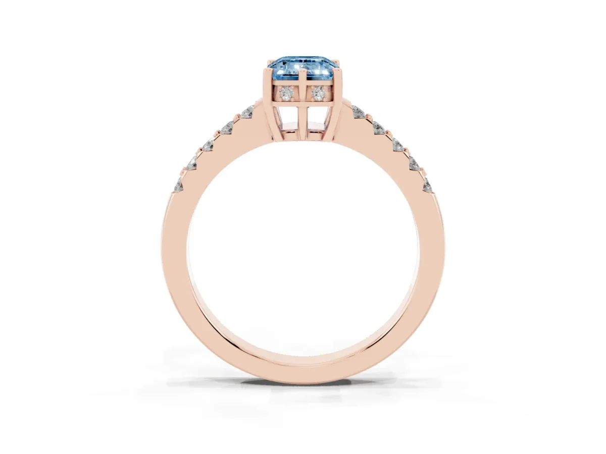 Fancy Blue Emerald Cut Solitaire Diamond Engagement Ring with Pavé Band and Six-Prong Setting Rose gold