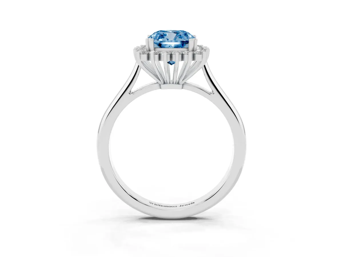 Fancy Blue Cushion Cut Cut Diamond Halo Ring with Solitaire Band and Prong Setting Platinum
