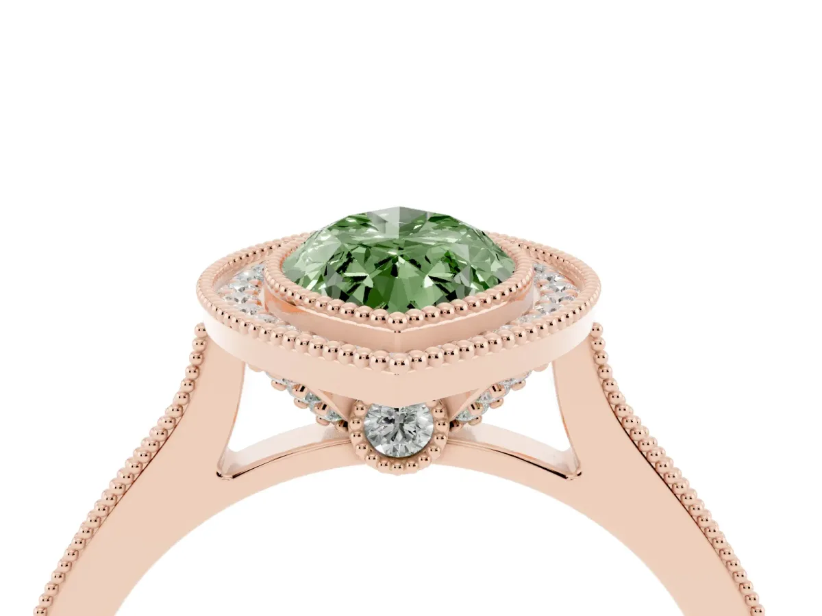 Fancy Green Halo Marquise Cut-Cut Diamond Pave Band Milgrain Prong Setting Ring Rose gold