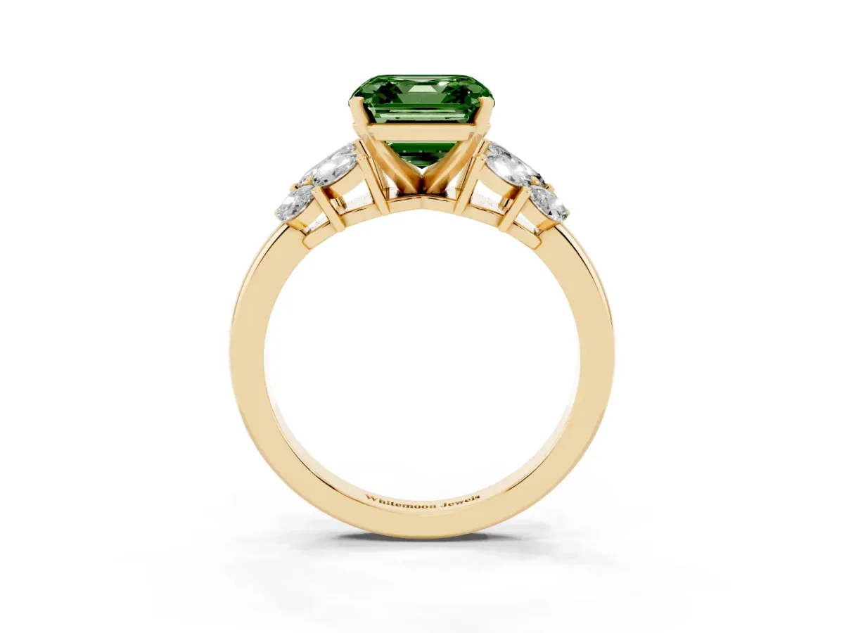 Fancy Green Asscher Cut Diamond Cluster Leaf Design Ring with Prong Setting Yellow gold