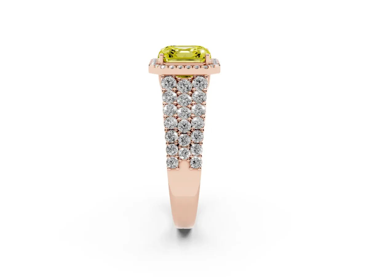 Fancy Yellow Asscher Cut Diamond Halo Engagement Ring with Triple Row Round Pavé Band and Prong Setting Rose gold