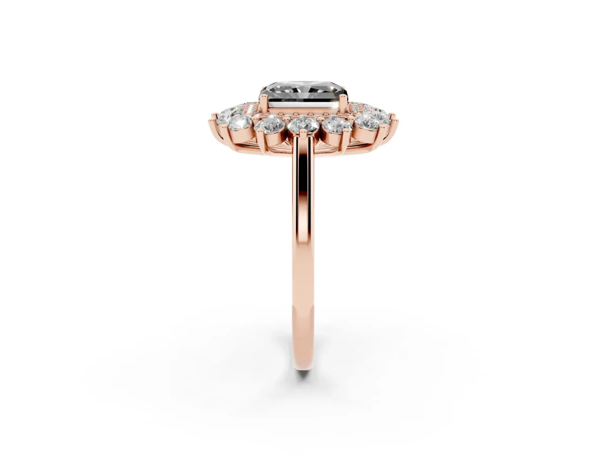 Fancy Black Radiant Cut Diamond Floral Double Halo Engagement Ring with Prong Setting Rose gold