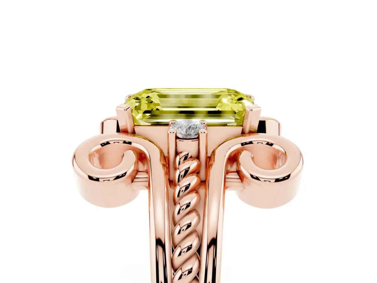 Fancy Yellow Emerald Cut Solitaire Twisted Band Scroll Prong Ring Rose gold