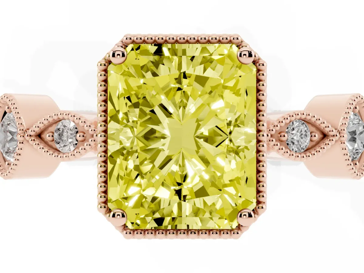 Fancy Yellow Radiant Cut Diamond Vintage Milgrain Ring with Round Stations Rose gold