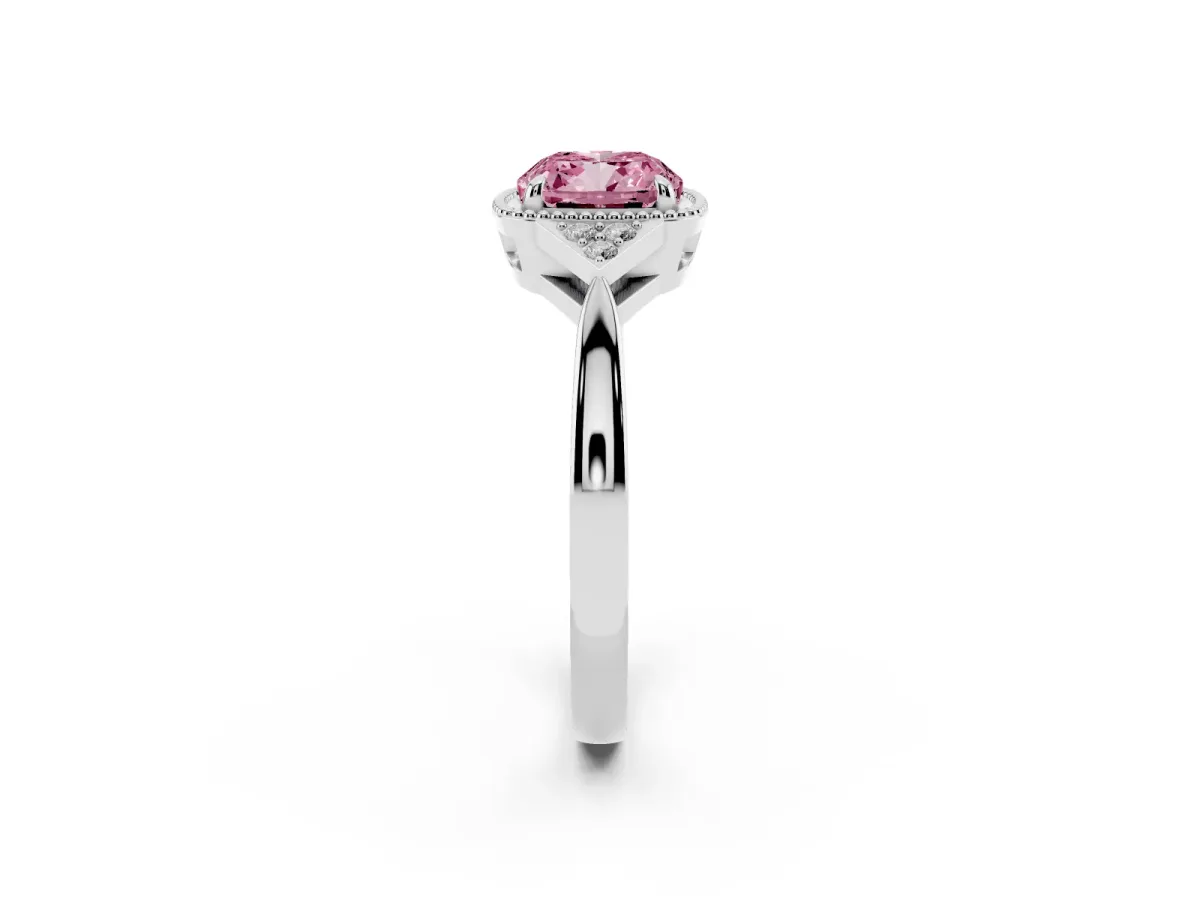Fancy Pink Hexagonal Halo Cushion Cut Diamond Solitaire with Pavé Band and Four-Prong Setting Silver