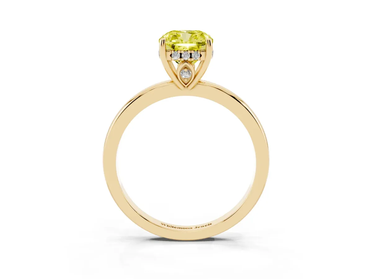 Fancy Yellow Cushion Cut Solitaire Diamond Ring with Prong Setting and Plain Band Yellow gold