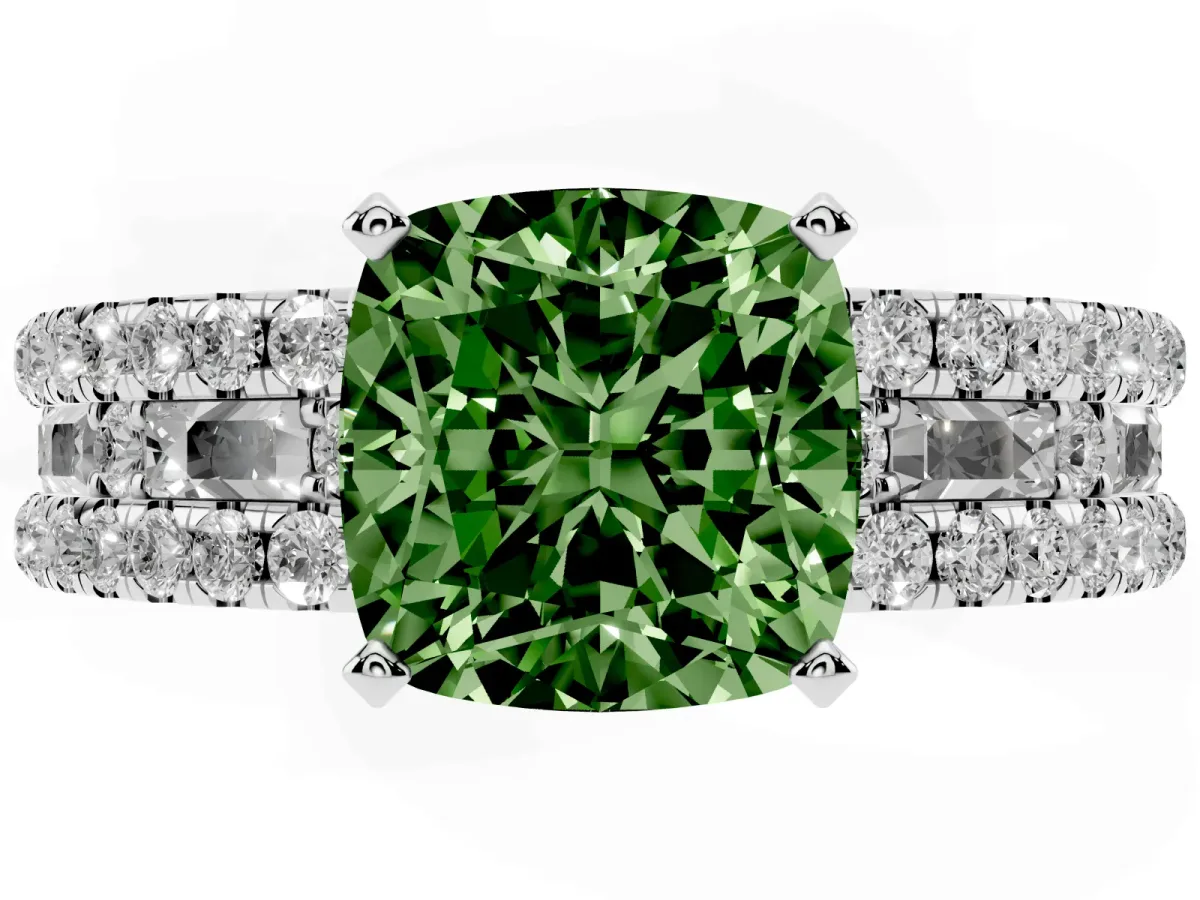 Fancy Green Cushion Cut Diamond Solitaire Ring with Pavé and Channel Set Band Platinum