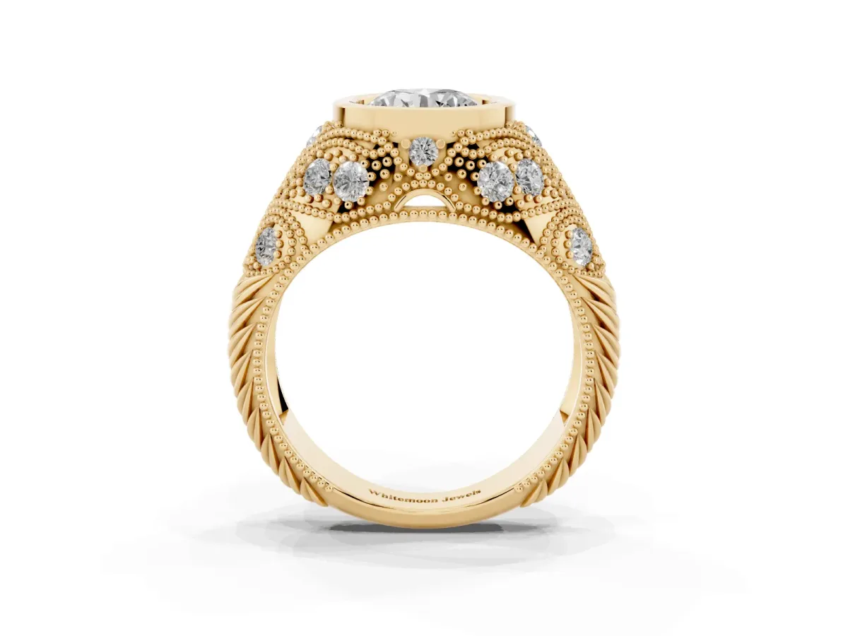 Bezel Set Round Cut Diamond Milgrain Band Ring Yellow gold