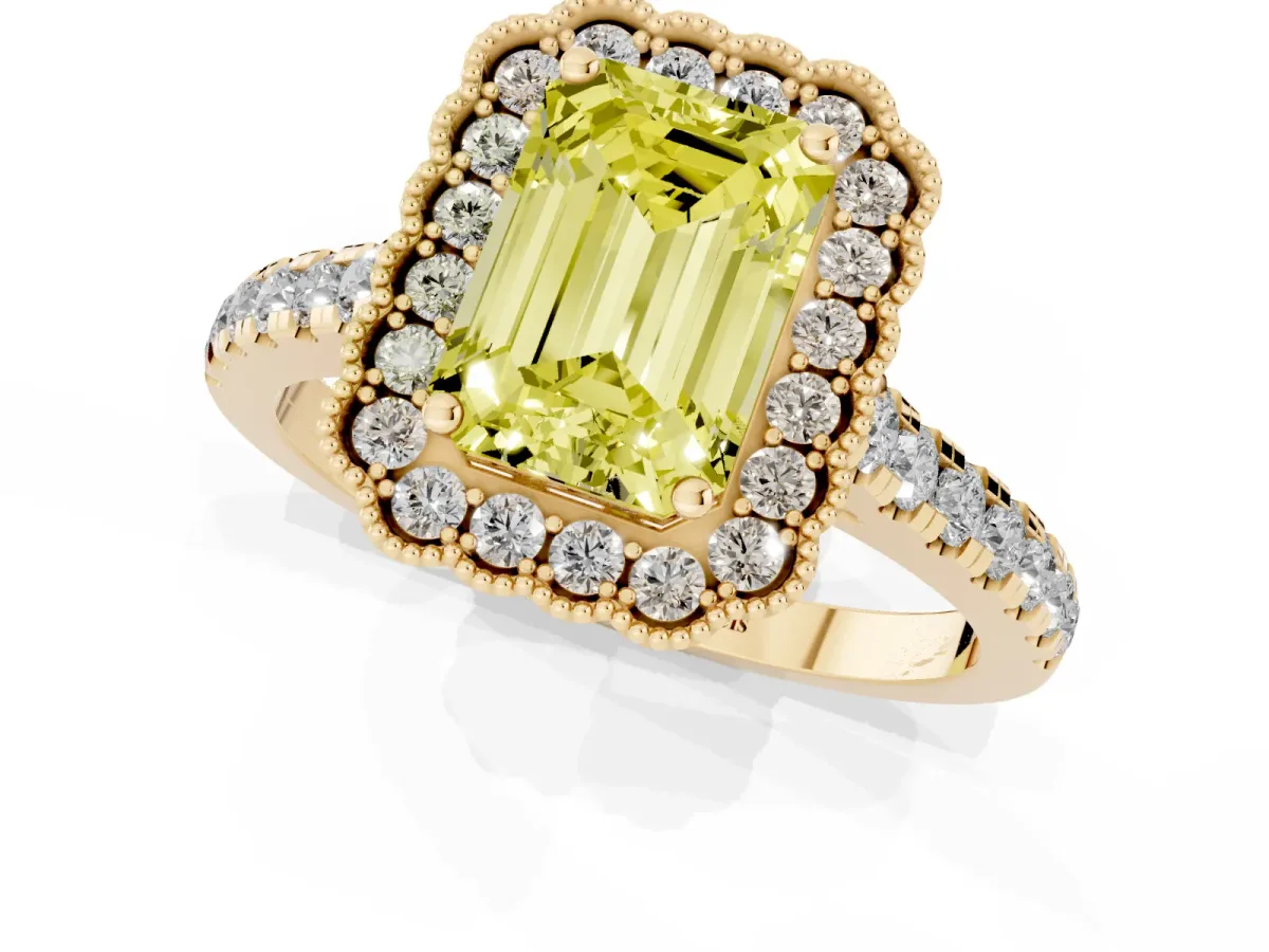 Fancy Yellow Emerald Cut Cut Diamond Milgrain Floral Halo Engagement Ring with Pavé Band Yellow gold